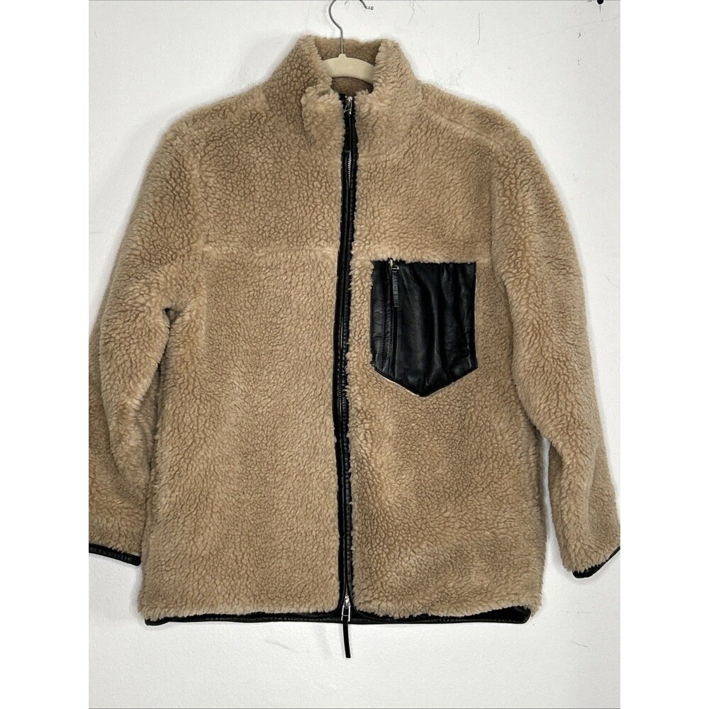 Anine Bing Faux Fur Ryder Teddy Jacket Womens XS Tan Black Full Zip Oversize
